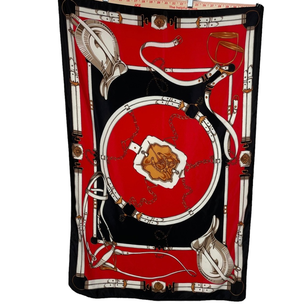 VINTAGE Red & Black Horse Saddle Pattern Rectangle Scarf 40x26 Z26